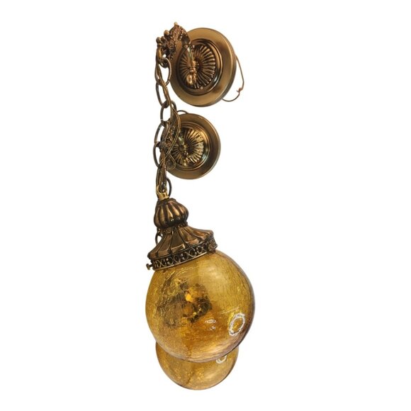 Brass & Amber Crackle Glass Vintage Wall Sconce Lighting Pair With Ornate Detail - Picture 8 of 16